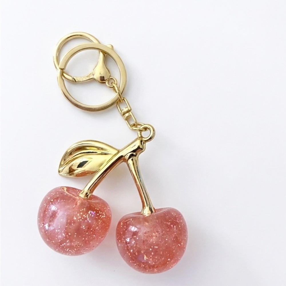 Gold Cherry Keychain Bag Charm with Pink Glitter Cherries